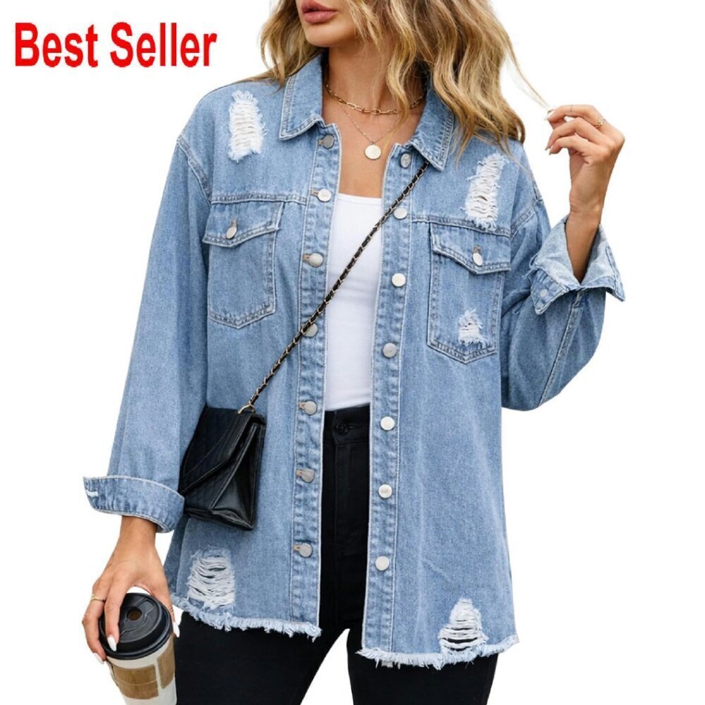Oversized Denim Jacket Distressed Ripped Shacket Long Sleeve Casual Chic